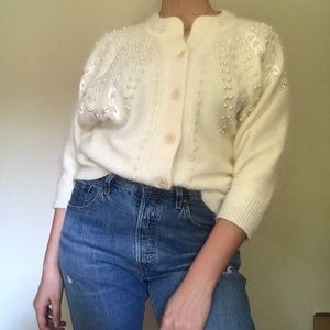 Vintage fuzzy angora beaded cardigan